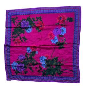 Vintage 90's Liz Claiborne silk scarf pink purple gem tones Asian floral flowers